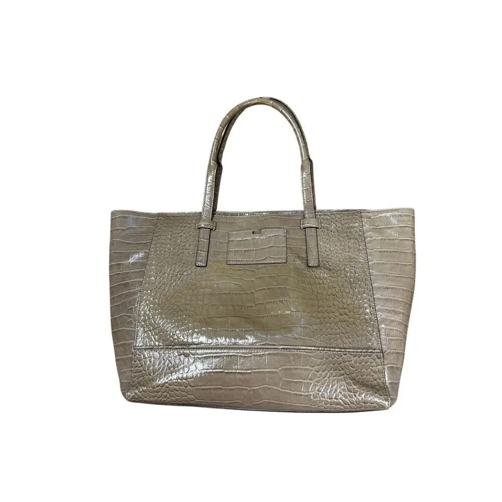 Kate Spade Large Croc Embossed Leather Tote Bag Beige Work Bag Preowned
